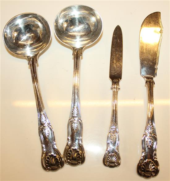 Pair of silver sauce ladles and 2 butter knives